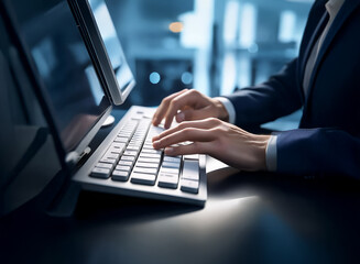 Aufkleber - Close-up of hands typing on a modern keyboard, illuminated in a dimly lit office setting.  The focus is on the precision and efficiency of the typing.