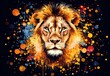 © Mark - A lion's head, depicted as a multi-colored flame, creates an abstract portrait on a black background.