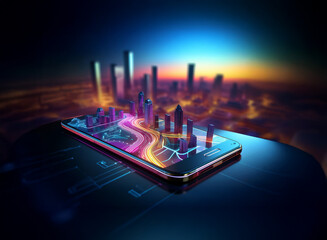 Fototapete - A futuristic cityscape visualized on a smartphone screen, showcasing advanced navigation technology and urban planning.  The vibrant display integrates seamlessly with the sleek device, offering a gli