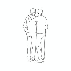 a line drawing of two men standing back to back with their arms around each other