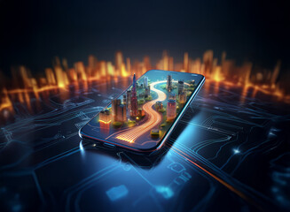 Aufkleber - A futuristic city miniature displayed on a smartphone screen, resting on a circuit board.  The background glows with warm and cool tones, suggesting technological advancement and urban development.