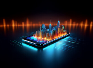 Poster - A futuristic cityscape, rendered in vibrant orange and blue hues, sits atop a sleek smartphone, suggesting a concept of mobile technology and urban development.  The background features an abstract, g