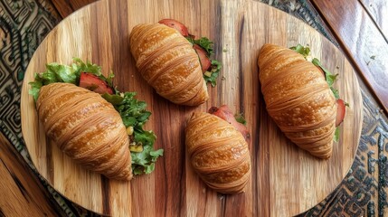 Wall Mural - Four croissants with lettuce and ham on them