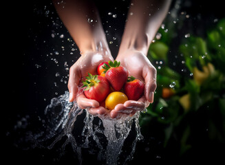 Poster - Two hands gently cradle a small cluster of ripe strawberries and a single yellow fruit, freshly washed under a spray of water against a dark background.  Water droplets cascade around the fruit, highl