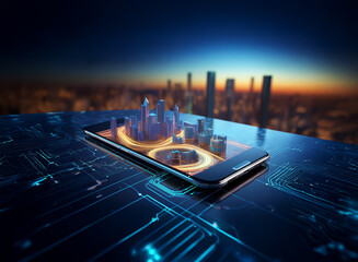 Aufkleber - A futuristic cityscape model hovers above a smartphone, resting on a circuit board.  The background shows a real city at sunset, suggesting digital connectivity and urban planning.