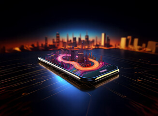 Aufkleber - A futuristic cityscape miniature is displayed on a smartphone screen, set against a blurred city skyline at sunset. The scene showcases technological advancement and urban development.