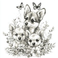 Wall Mural - An abstract watercolor portrait of a fox, rabbit, and cub produced with AI.