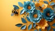 © Azis Stock - Blue and yellow paper flowers with bees on yellow background.
