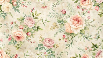  Elegant Watercolor Roses and Greenery Seamless Pattern on Antique Paper Texture