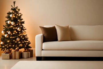 Wall Mural - holiday cozy decor, a peaceful living room with comfy seating and warm sepia christmas decorations creating a welcoming atmosphere