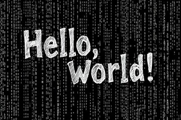 Hello World message on a binary code background
