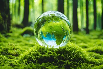 Crystal globe glass on green moss in forest to protect nature Save and care World for sustainable. concept of the environment ecology and Earth Day. eco environment