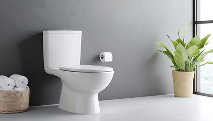 Sticker - modern white toilet bowl against grey wall, complemented by potted plant and neatly arranged towels in basket, creates serene bathroom atmosphere