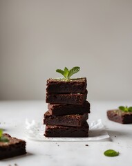 A stack of chocolate brownies with mint leaves on top