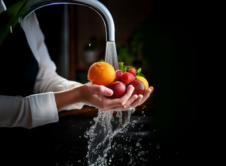 Poster - Close-up of hands gently washing a colorful assortment of fresh fruit under a kitchen faucet.  Water splashes dramatically against a dark background.