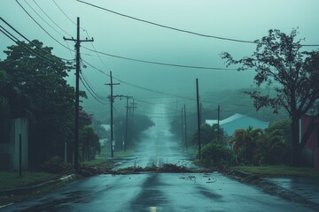 Wall Mural - A street in Puerto Rico with fallen power lines and trees, damaged by hurricane winds, under overcast skies and rain, showcasing the destruction of the energy grid.