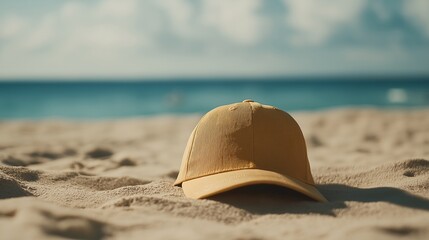 Colorful Yellow Cap on Sandy Beach with Vibrant Ocean Background, Perfect for Holiday Concepts, Relaxation, and Summer Adventures