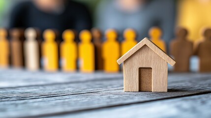 A Creative Representation of Community and Connection with Wooden Figurines Symbolizing People and a House on a Rustic Table Setting