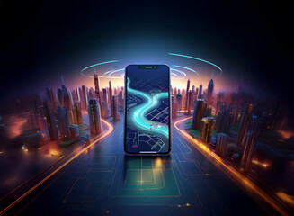 Aufkleber - A futuristic city skyline reflected on a smartphone displaying a glowing navigation map.  The phone rests on a glowing digital road, surrounded by vibrant city lights.