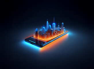 Aufkleber - A futuristic cityscape, rendered in vibrant neon blue and orange, is displayed on a sleek smartphone screen. The city glows with an otherworldly luminescence, suggesting advanced technology and connec