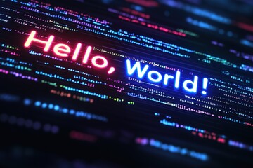 neon hello world code displayed on screen