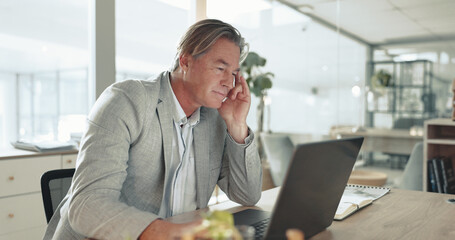 Wall Mural - mature, businessman and laptop with stress for company debt, bankruptcy or corporate scheme at offic