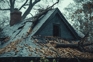 Wall Mural - Fallen tree on house roof causing damage during storm. Roof with broken tiles and debris. Weather disaster, nature impact on home.