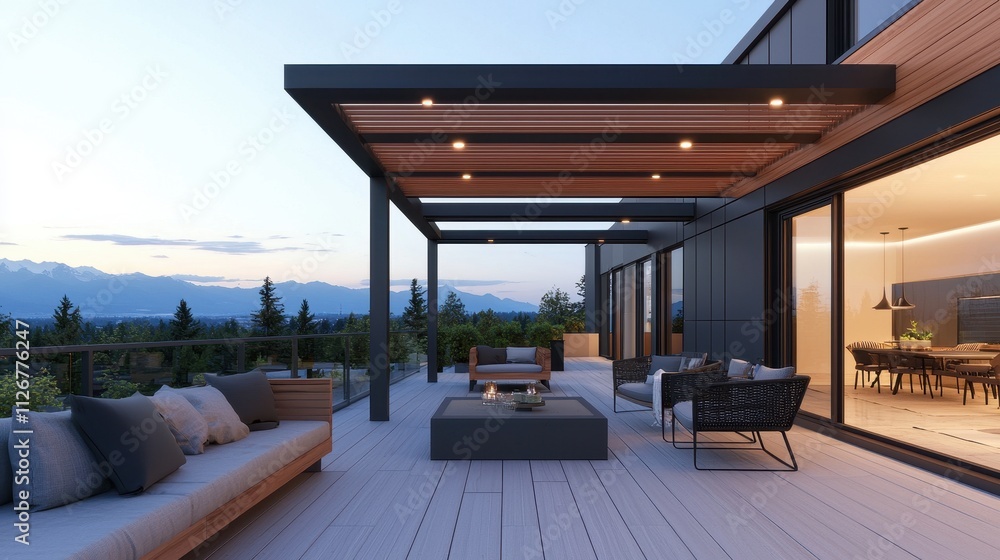 Hanging Rooftop Contemporary rooftop deck with sleek pergola, hanging lights, and ...