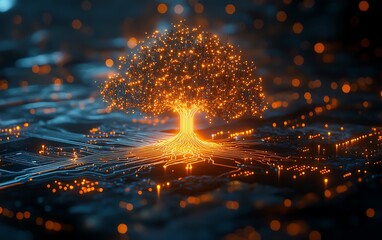 Aufkleber - A futuristic digital tree of light, its circuitry branches spreading from a glowing microchip, symbolizing growth and innovation on a dark backdrop