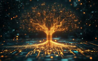 Fototapete - A glowing digital tree of light with intricate circuitry branching from a central microchip, illuminated against a dark futuristic background