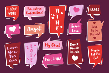 Wall Mural - valentine day greeting stickers, rectangular text boxes and speech bubbles, bold frames with text. c