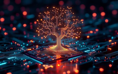 Aufkleber - A luminous tree of technology with branching circuits emerging from a microchip, radiating vibrant neon colors on a sleek black background