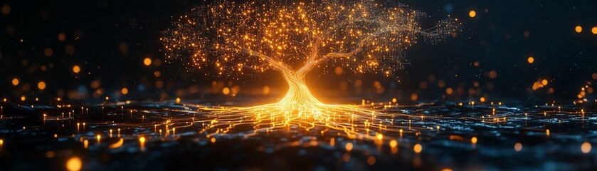 Poster - A radiant tree of light with detailed circuitlike branches rooted in a glowing microchip, shining against a deep black background