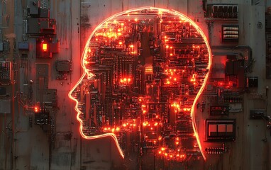 Aufkleber - A sophisticated circuit board design with a human head silhouette made of copper traces, lit by dynamic neon patterns, representing AI innovation