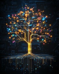 Aufkleber - A vibrant digital tree of innovation, its circuit branches glowing with neon hues, emerging from a detailed microchip on a black backdrop