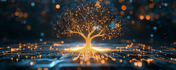 Poster - An ethereal digital tree with radiant circuit branches emanating from a microchip, glowing softly against a minimalist dark setting