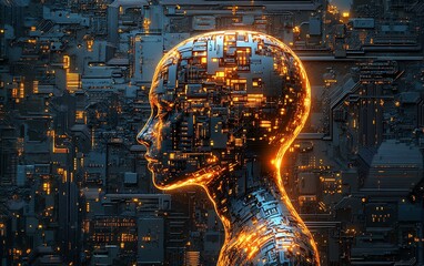 Aufkleber - An intricate circuit board design with a metallic copper human head silhouette at its center, illuminated by soft ambient futuristic lighting