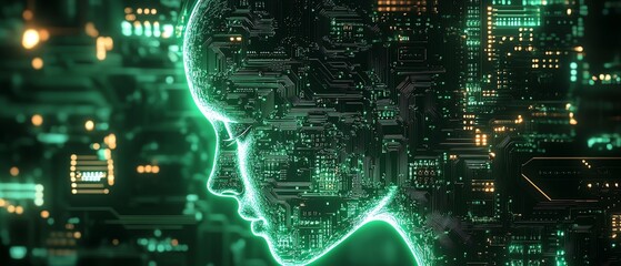 Aufkleber - Closeup of a glowing green circuit board with intricate copper lines forming a human head silhouette, symbolizing AI and humanmachine integration