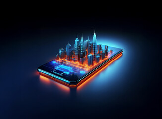 Poster - A futuristic cityscape miniature sits atop a glowing smartphone, illustrating the concept of mobile connectivity and urban technology.  The scene is dark, with vibrant blue and orange accents.