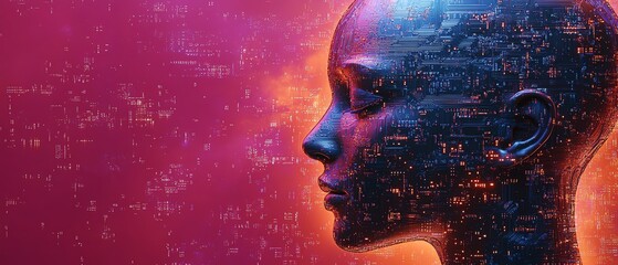 Poster - Futuristic circuit board pattern featuring a human head outline in polished copper, glowing with vibrant electric blue and purple accents