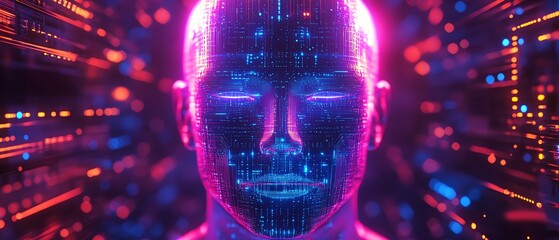 Poster - Futuristic circuit board pattern featuring a human head outline in polished copper, glowing with vibrant electric blue and purple accents