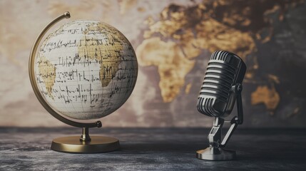 Vintage Globe and Retro Microphone: A Global Broadcast Concept Photography