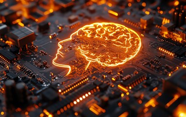 Aufkleber - Zoomedin view of a hightech circuit board with a human head outline in copper, glowing with pulsing energy waves, symbolizing AI and human fusion