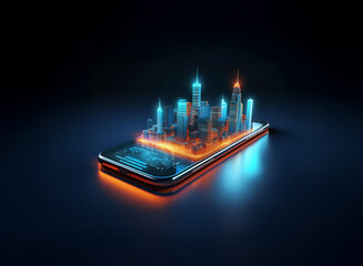 Poster - Neon-lit cityscape miniature magically appears on a sleek smartphone screen.  A vibrant, futuristic vision of urban technology.