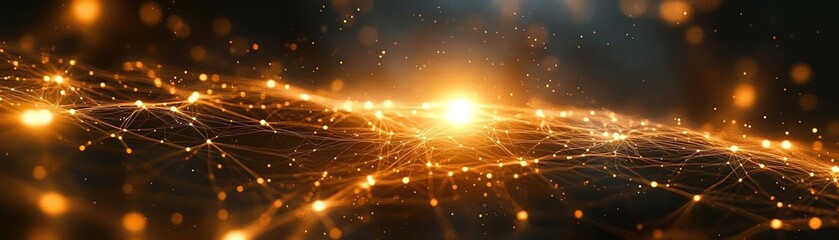 Poster - A complex, abstract network of luminous nodes connected by bright lines, symbolizing digital data exchange and neural networks in a futuristic, techinspired environment