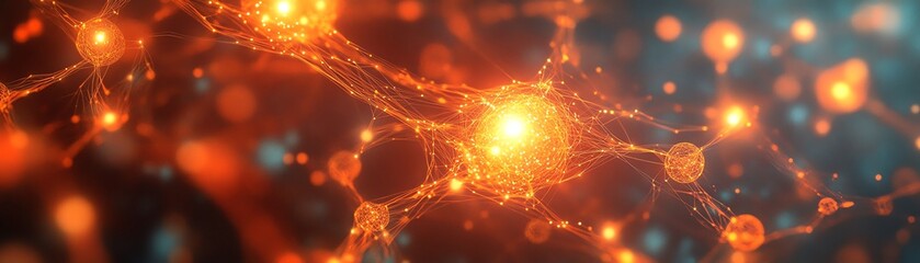 Poster - A complex, abstract network of luminous nodes connected by bright lines, symbolizing digital data exchange and neural networks in a futuristic, techinspired environment
