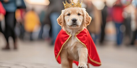 Wall Mural - Fancy dress for fashionable pet dog concept. Golden retriever puppy wearing a crown and cape in a crowd setting