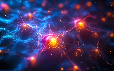 Poster - A dynamic web of interconnected nodes, representing neural networks and digital communication, glowing with neon hues in a hightech, futuristic setting