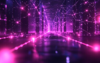 Poster - A dynamic web of interconnected nodes, representing neural networks and digital communication, glowing with neon hues in a hightech, futuristic setting