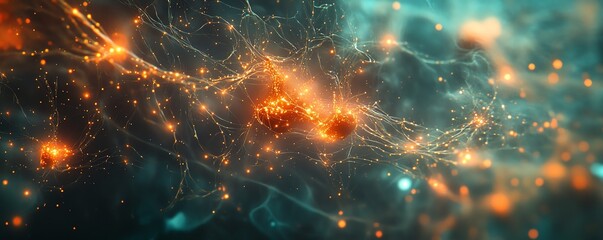 Fototapete - A surreal abstract network of connected nodes, representing digital communication and data exchange, glowing against a futuristic tech backdrop